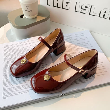 Heel Patent Leather Flower Mary Jane Chunky Pumps Accent