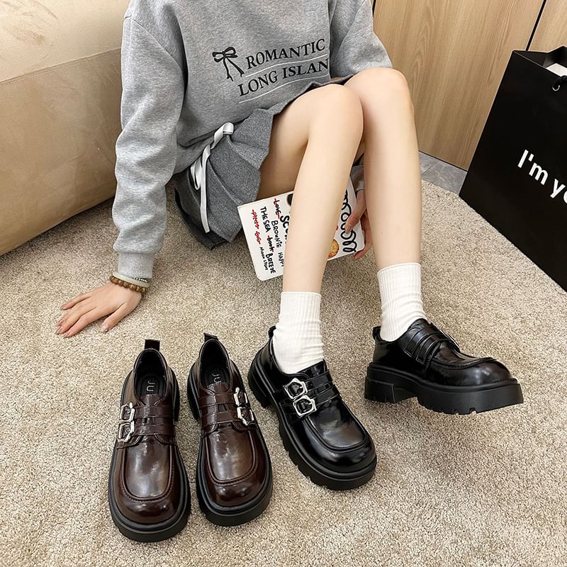 Leather Platform Shoes Buckled Faux Plain