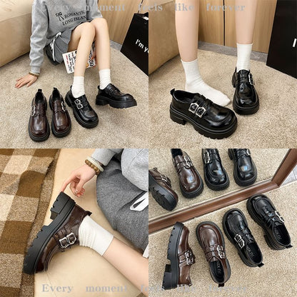 Leather Platform Shoes Buckled Faux Plain