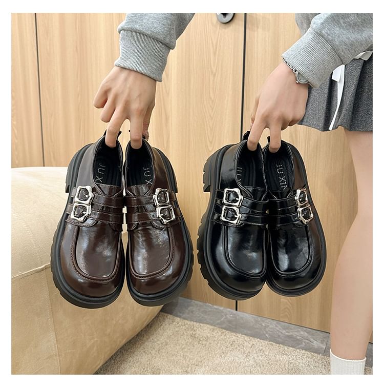Leather Platform Shoes Buckled Faux Plain