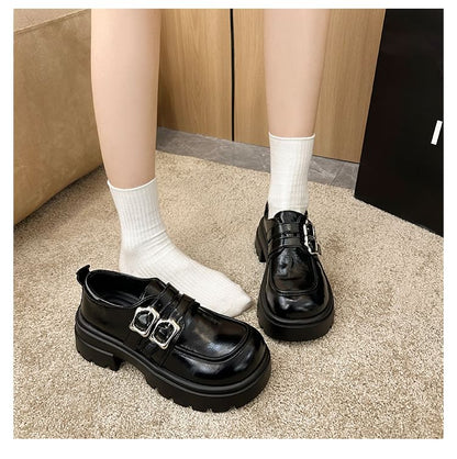 Leather Platform Shoes Buckled Faux Plain