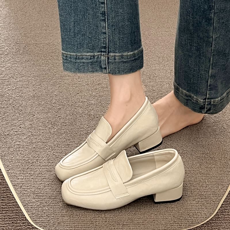Faux Penny Leather Heel Loafers Chunky Plain