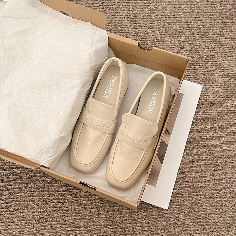 Faux Penny Leather Heel Loafers Chunky Plain