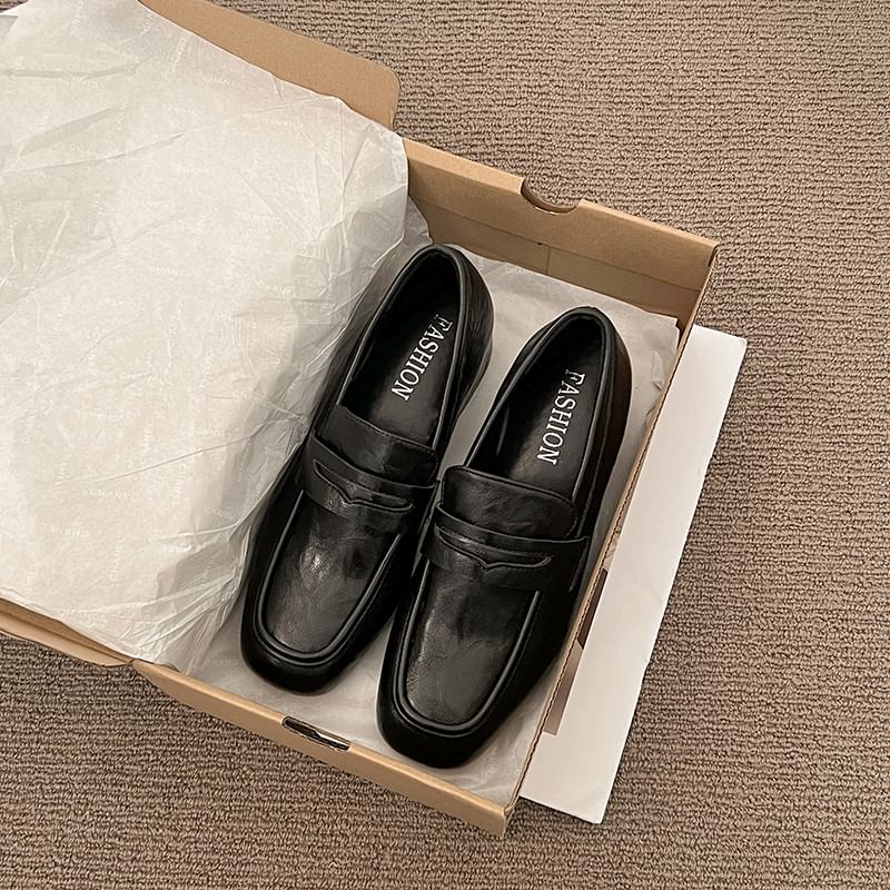 Faux Penny Leather Heel Loafers Chunky Plain