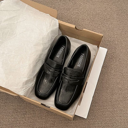 Faux Penny Leather Heel Loafers Chunky Plain