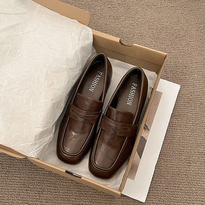 Faux Penny Leather Heel Loafers Chunky Plain