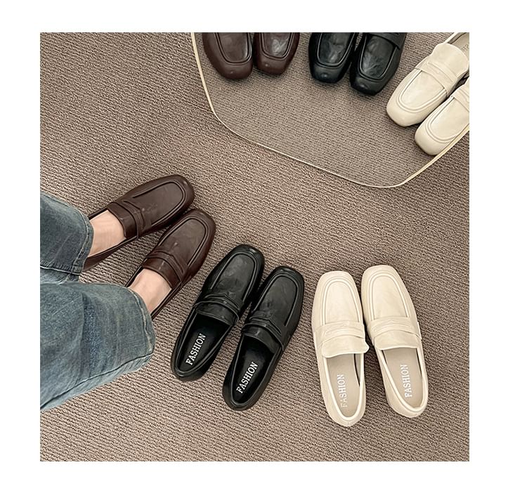 Faux Penny Leather Heel Loafers Chunky Plain