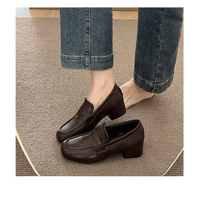 Faux Penny Leather Heel Loafers Chunky Plain