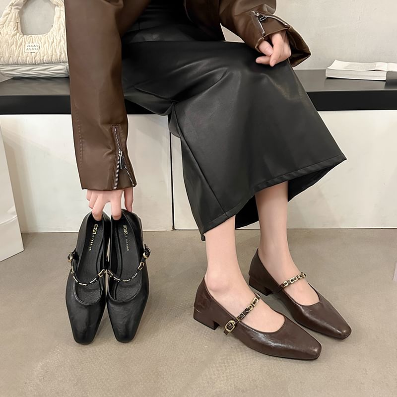 Jane Pumps Buckled Heel Faux Mary Chunky Leather