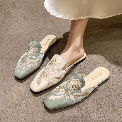 Mules Flat Floral Toe Embroidered Square