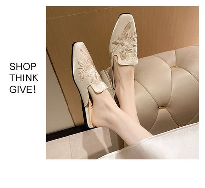 Mules Flat Floral Toe Embroidered Square