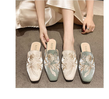 Mules Flat Floral Toe Embroidered Square
