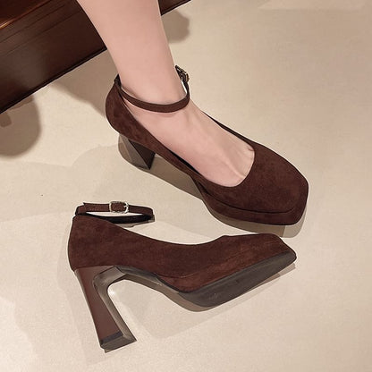 Plain Strap Heel Ankle Chunky Pumps Toe Square