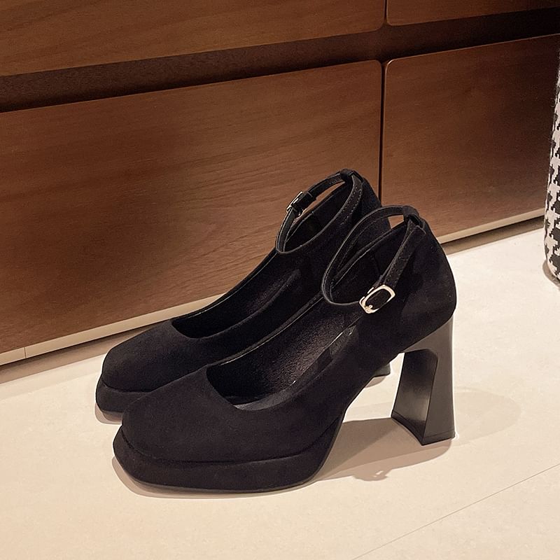 Plain Strap Heel Ankle Chunky Pumps Toe Square