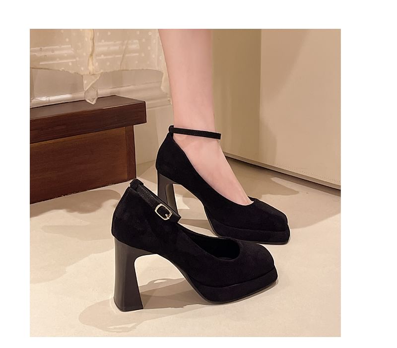 Plain Strap Heel Ankle Chunky Pumps Toe Square