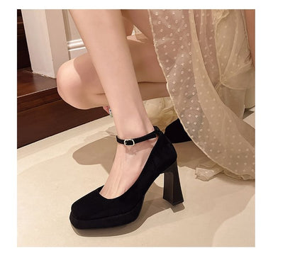 Plain Strap Heel Ankle Chunky Pumps Toe Square