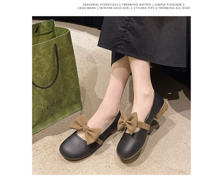 Accent Heel Shoes Jane Tone Two Faux Low Mary Leather Bow