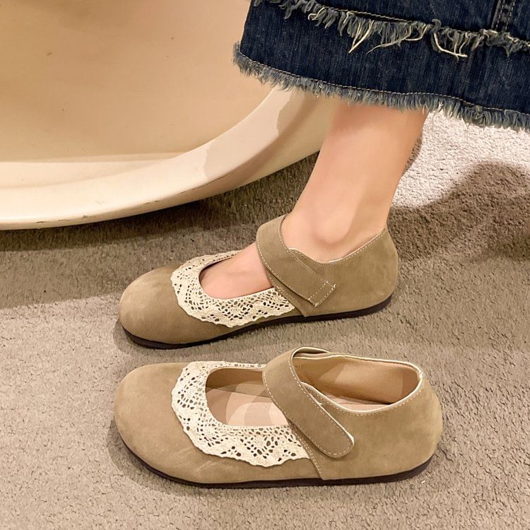 Flats Trim Toe Mary Lace Jane Round