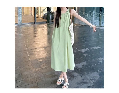 Round Midi Dress Pleated Sleeveless Neck Plain A-Line