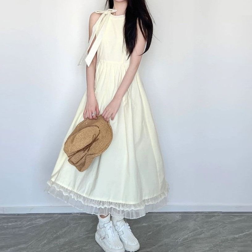 Plain Round Maxi Sleeveless Mesh Neck Panel Bow Dress A-Line