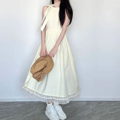 Plain Round Maxi Sleeveless Mesh Neck Panel Bow Dress A-Line