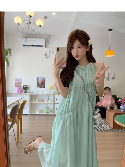 Sleeveless Midi Round Panel A-Line Neck Dress Plain