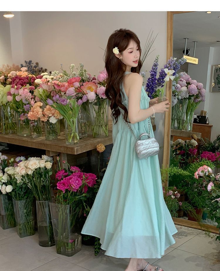 Sleeveless Midi Round Panel A-Line Neck Dress Plain