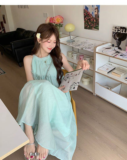 Sleeveless Midi Round Panel A-Line Neck Dress Plain