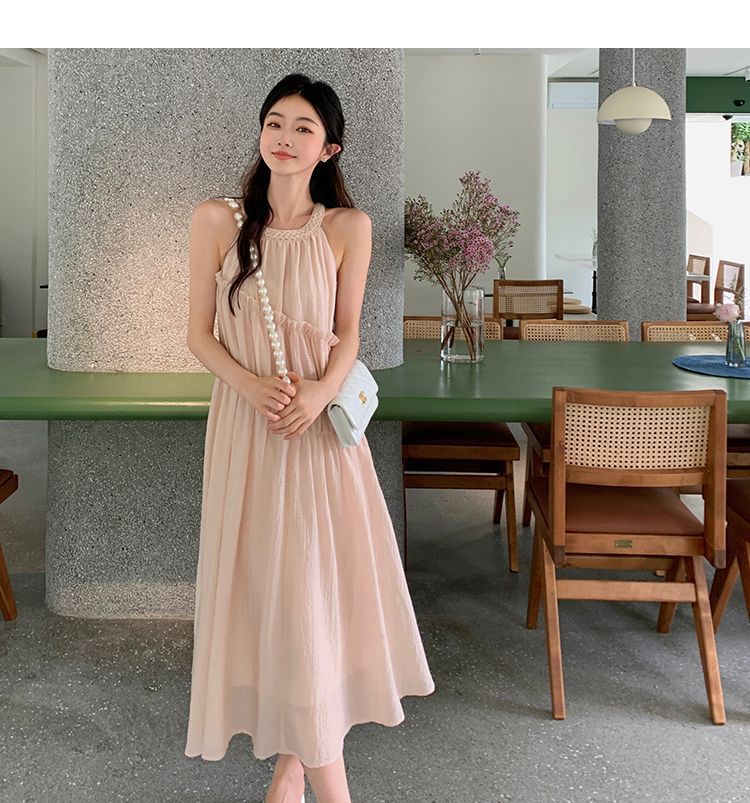 Sleeveless Midi Round Panel A-Line Neck Dress Plain