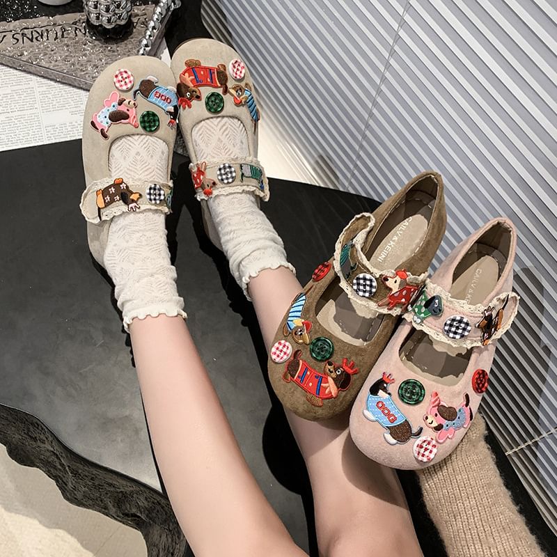 Mary Jane Animal Cartoon Applique Shoes