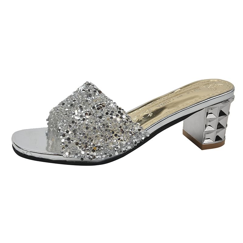 Rhinestone Heel Sandals Chunky Slide