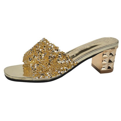 Rhinestone Heel Sandals Chunky Slide