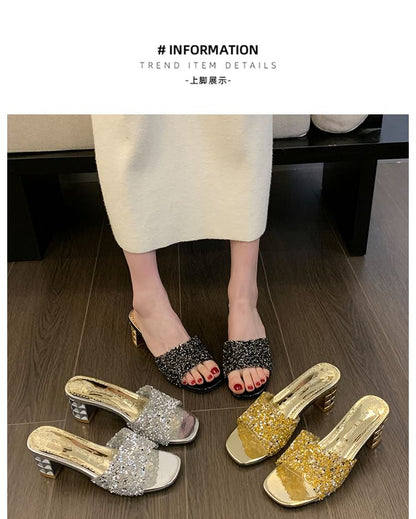 Rhinestone Heel Sandals Chunky Slide