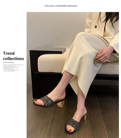 Rhinestone Heel Sandals Chunky Slide
