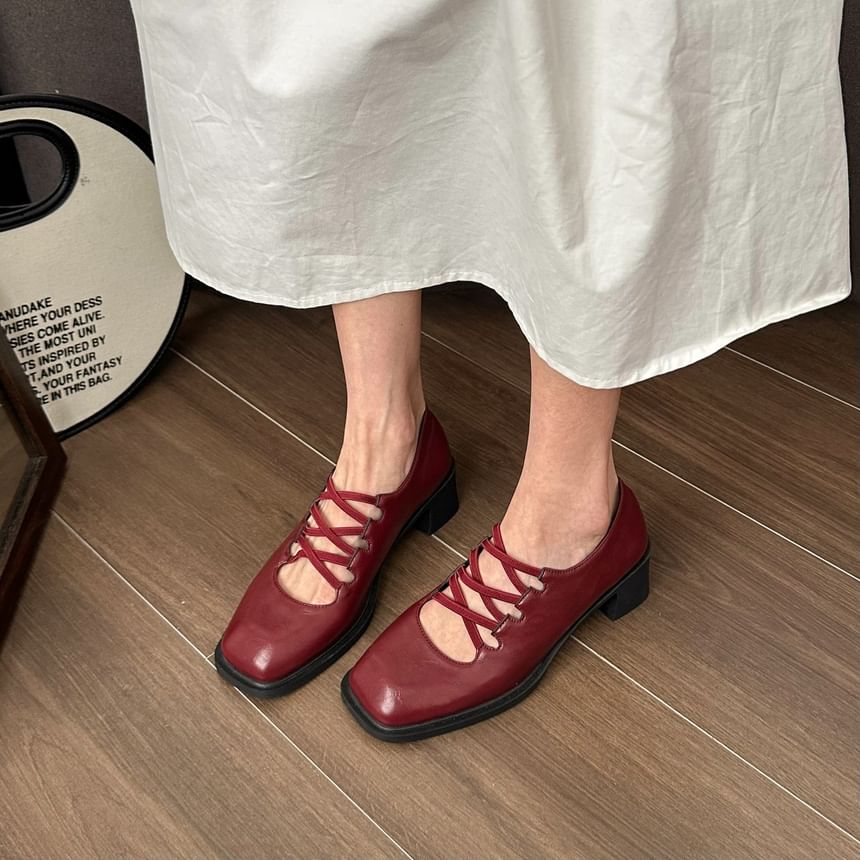 Plain Lace-Up Heel Toe Square Jane Pumps Mary Chunky
