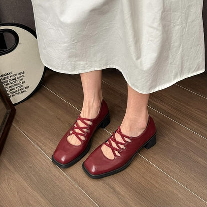 Plain Lace-Up Heel Toe Square Jane Pumps Mary Chunky