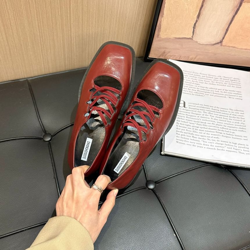 Plain Lace-Up Heel Toe Square Jane Pumps Mary Chunky