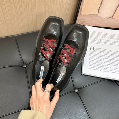 Plain Lace-Up Heel Toe Square Jane Pumps Mary Chunky