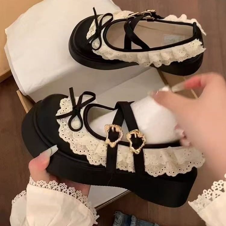 Buckled Trim Mary Shoes Lace Platform Ruffle Jane