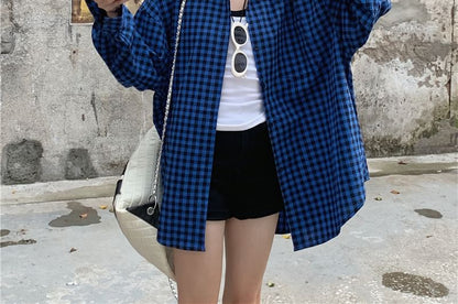 Long-Sleeve Button Collared Shirt Plaid Up