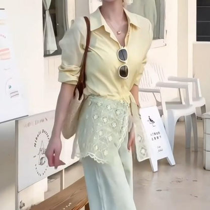 Sleeve Shirt Long Trim Panel Collared Plain Lace