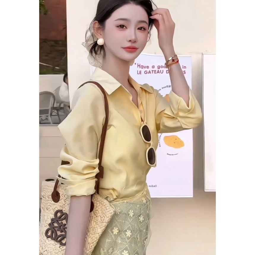 Sleeve Shirt Long Trim Panel Collared Plain Lace