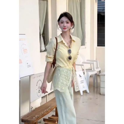 Sleeve Shirt Long Trim Panel Collared Plain Lace