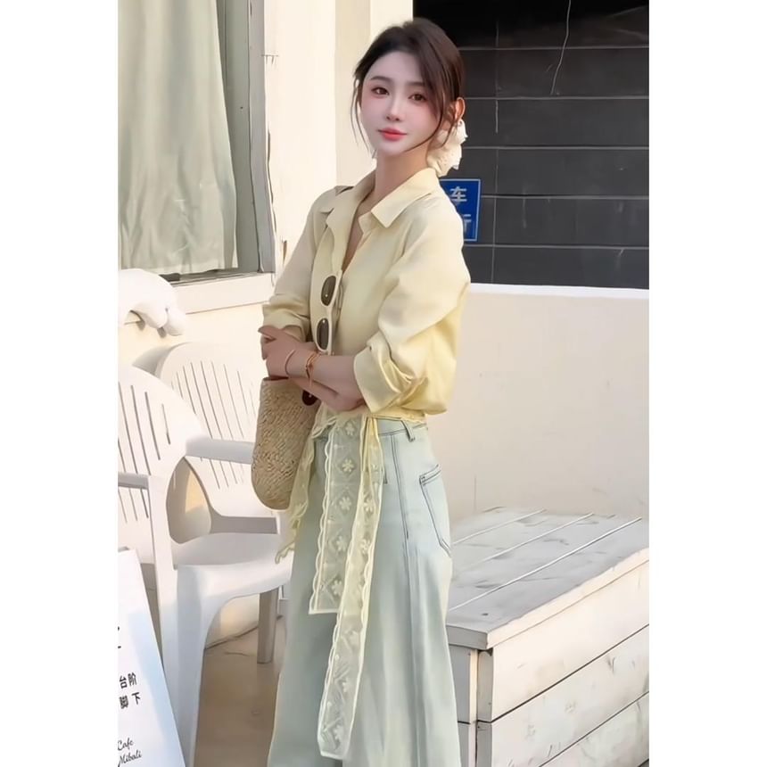 Sleeve Shirt Long Trim Panel Collared Plain Lace