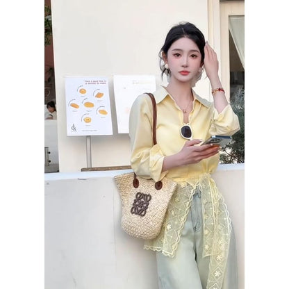 Sleeve Shirt Long Trim Panel Collared Plain Lace