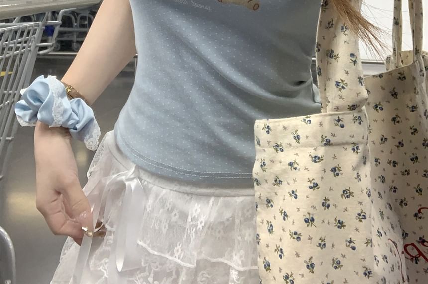 Trim Tee Bear Print Scoop Lace Neck Short-Sleeve Fit Crop Slim