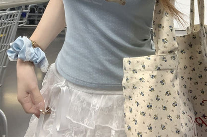 Trim Tee Bear Print Scoop Lace Neck Short-Sleeve Fit Crop Slim