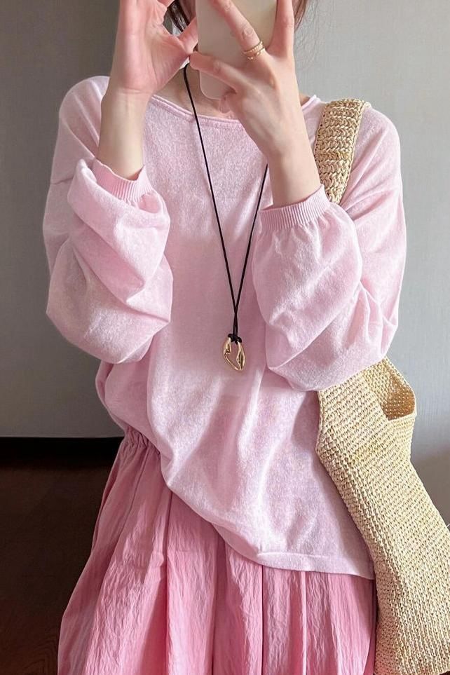 Neck Top Long-Sleeve Plain Round