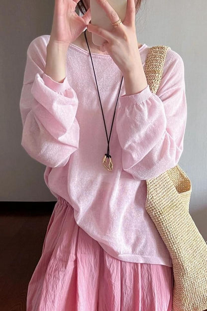 Neck Top Long-Sleeve Plain Round