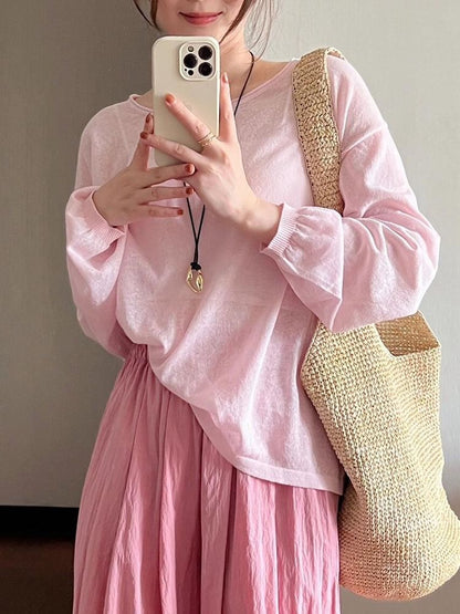 Neck Top Long-Sleeve Plain Round